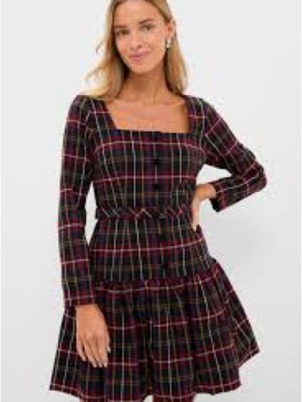 Tuckernuck Baroque Tartan Bubble Hem Mini Dress Square Neck Red Navy Size Small